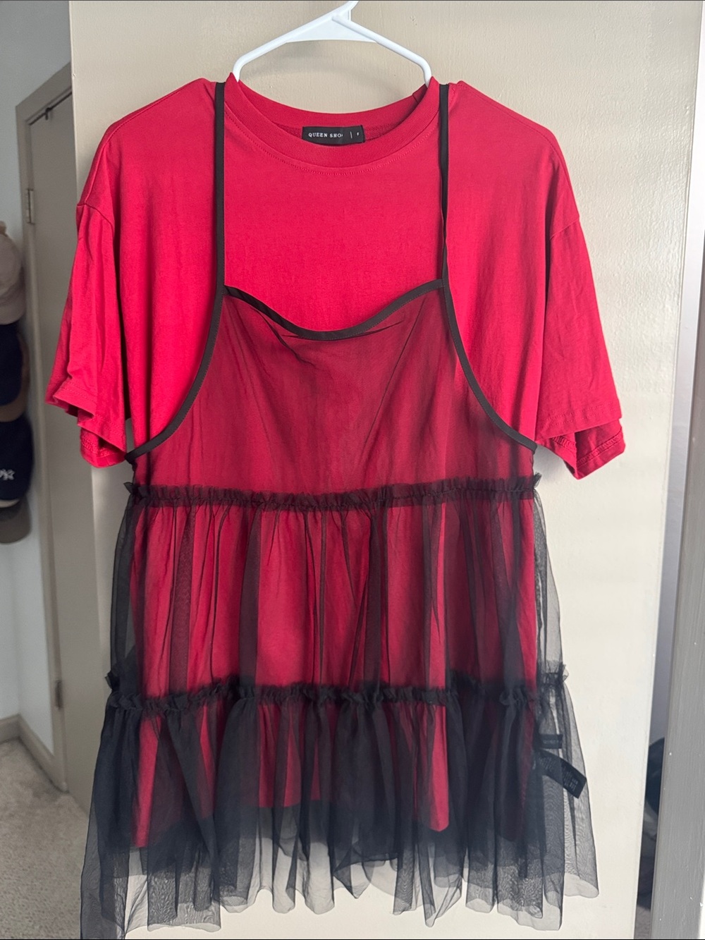 Two Piece - Red Tee with Black Sheer Ruffle Tank